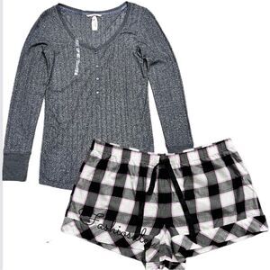 Victorias Secret Pajama Set Soft Metallic Henley top & Flannel plaid Shorts L